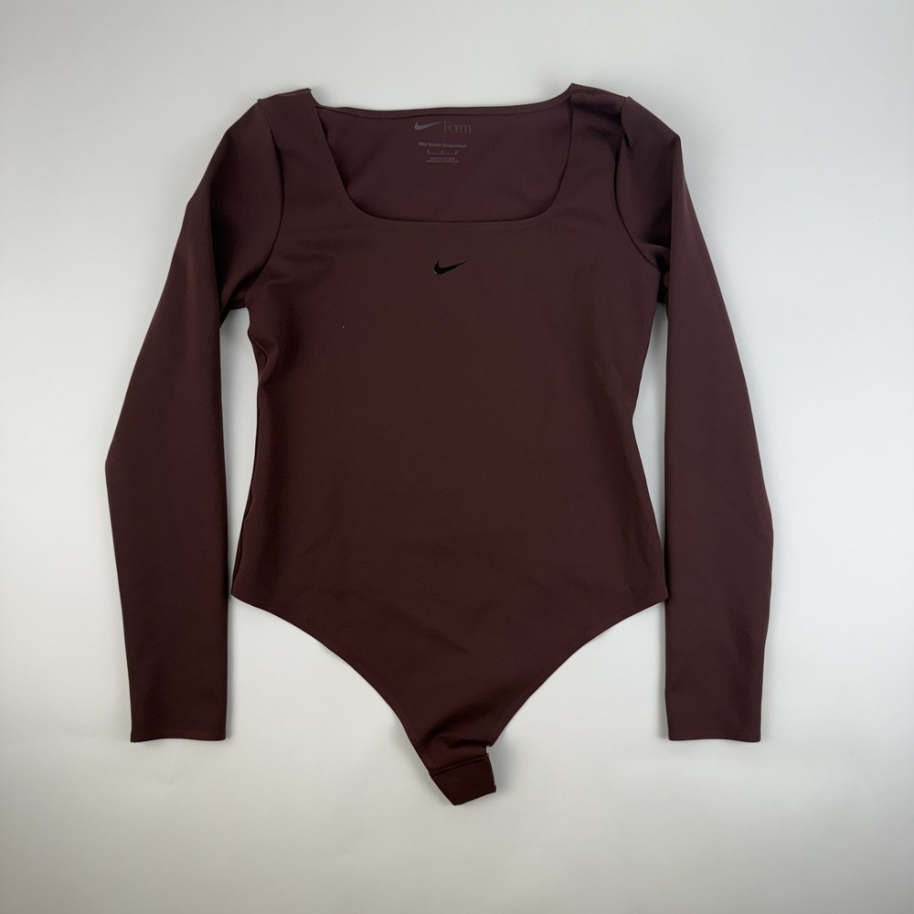 New Womens Nike Form Long-Sleeve Maroon Athletic Gym Bodysuit Size Medium NWT